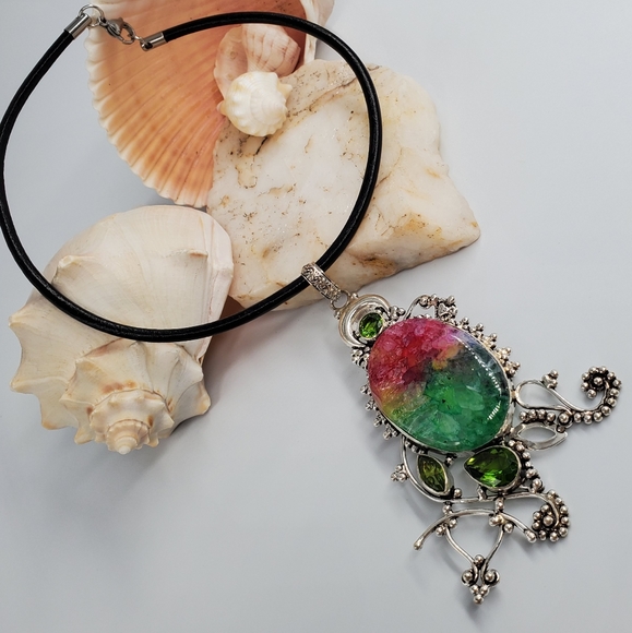 Rainbow Agate/Peridot Stone Silver 925 Pendant - Picture 2 of 6